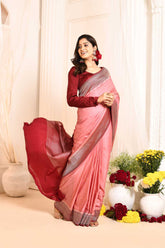 Pink-maroon Mushru Satin Banarasi Handloom Saree With Contrast Border